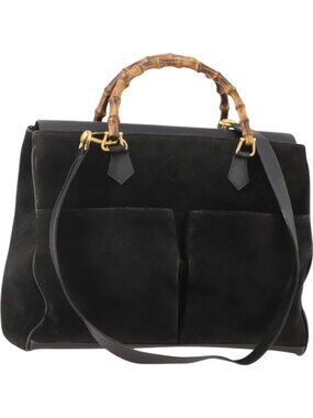 GUCCI Bamboo Tote Bag Suede 2way Black Gold 002 123 0322